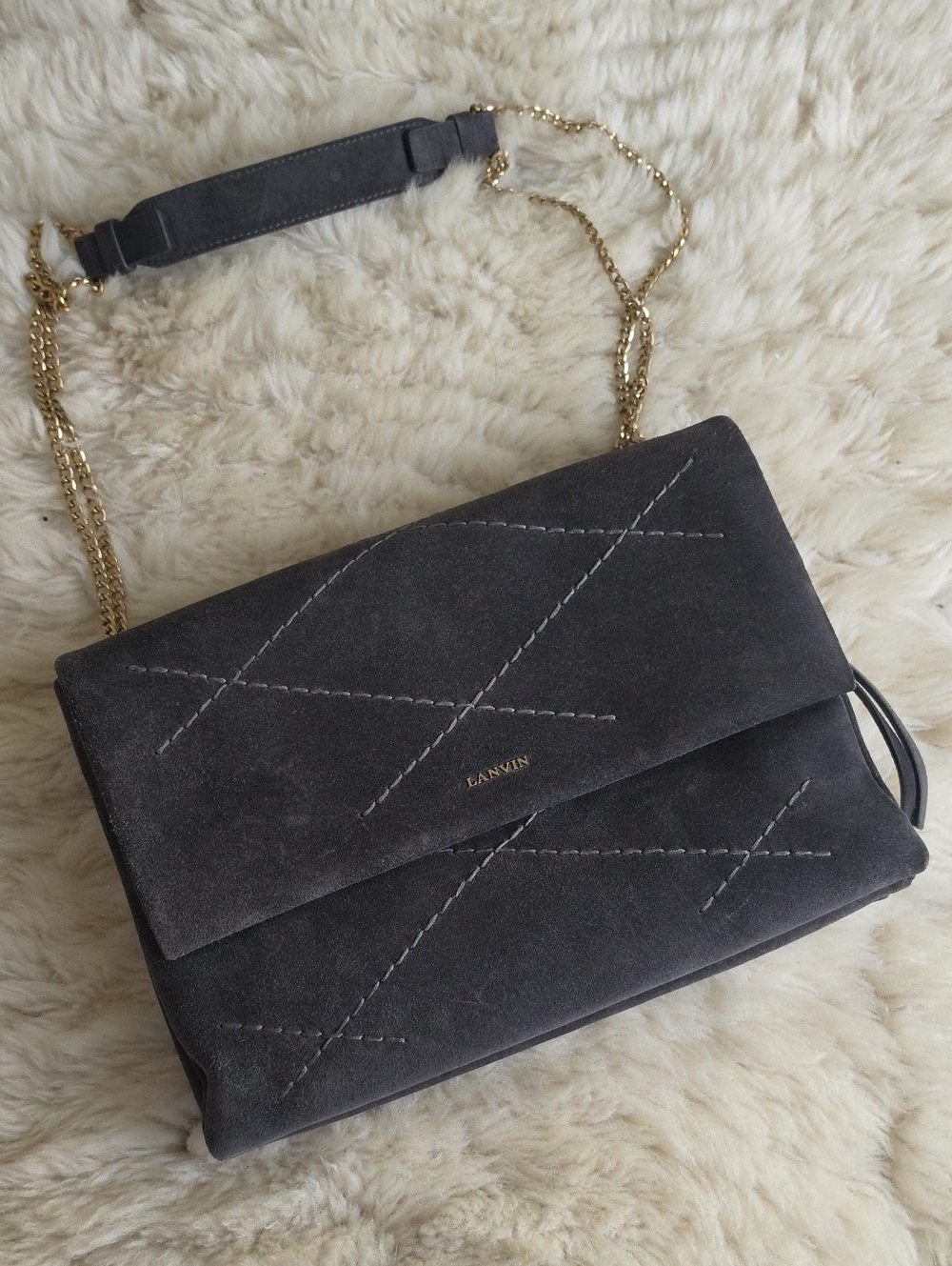 Lanvin Charcoal Suede Shoulder Bag with Gold Chain